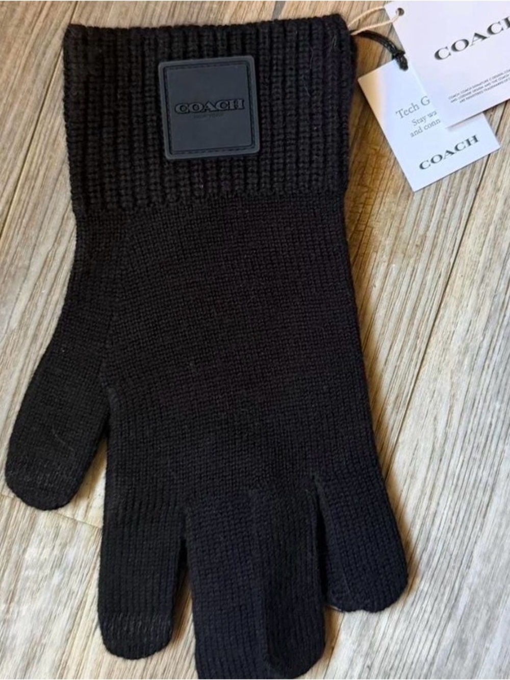 COACH Black Knit Touchscreen Gloves with Logo Patch